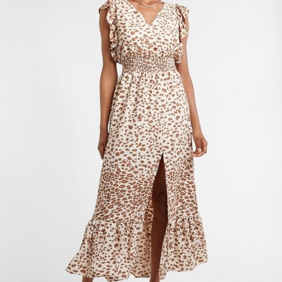 Express Dresses & Skirts - New With Tags EXPRESS Leopard Ruffle Sleeve Smocked Waist Maxi Dress SIZE LARGE